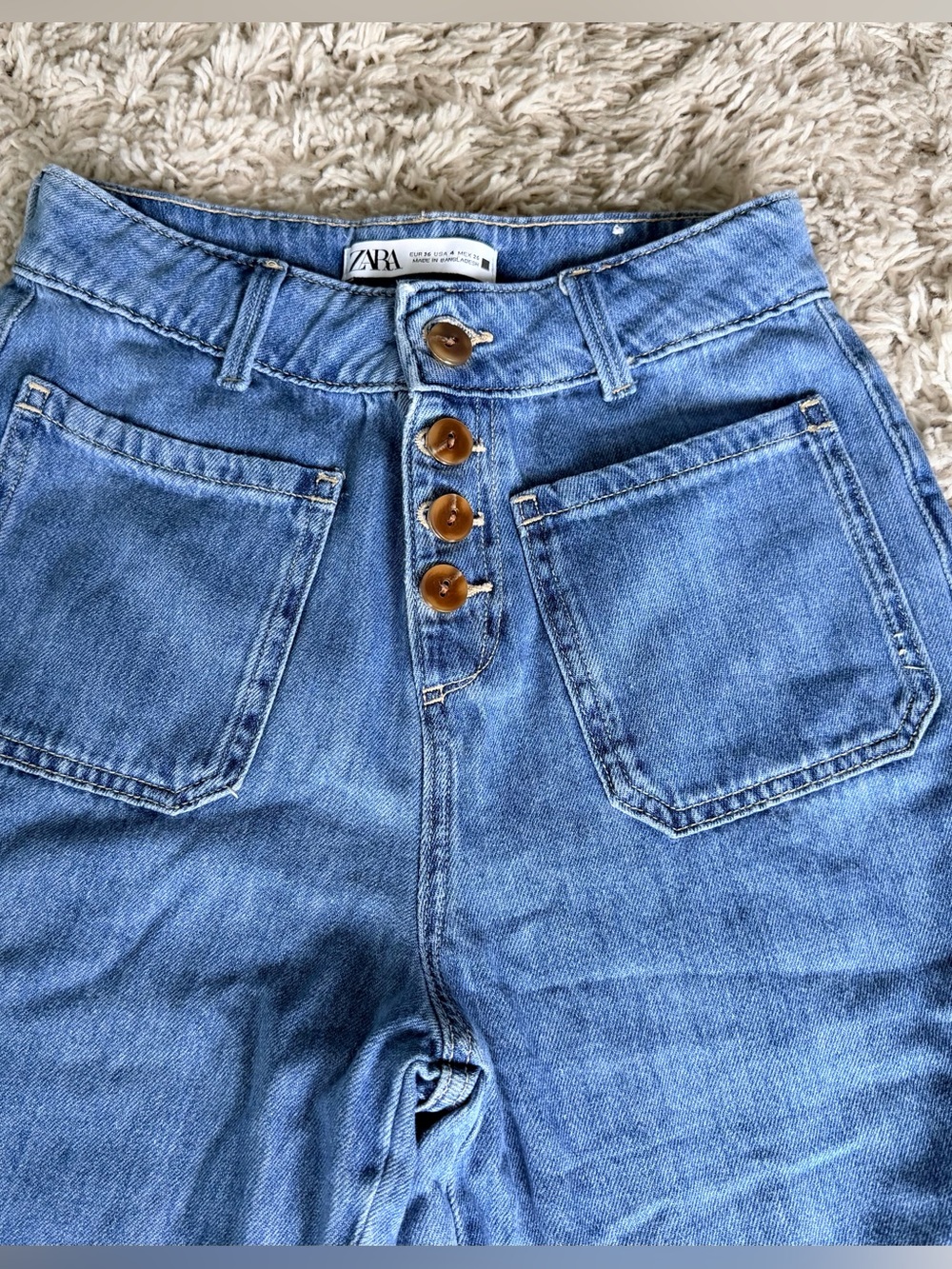 Zara Button Front Jeans Size 4 | High Rise Wide Leg Patch Pocket Denim